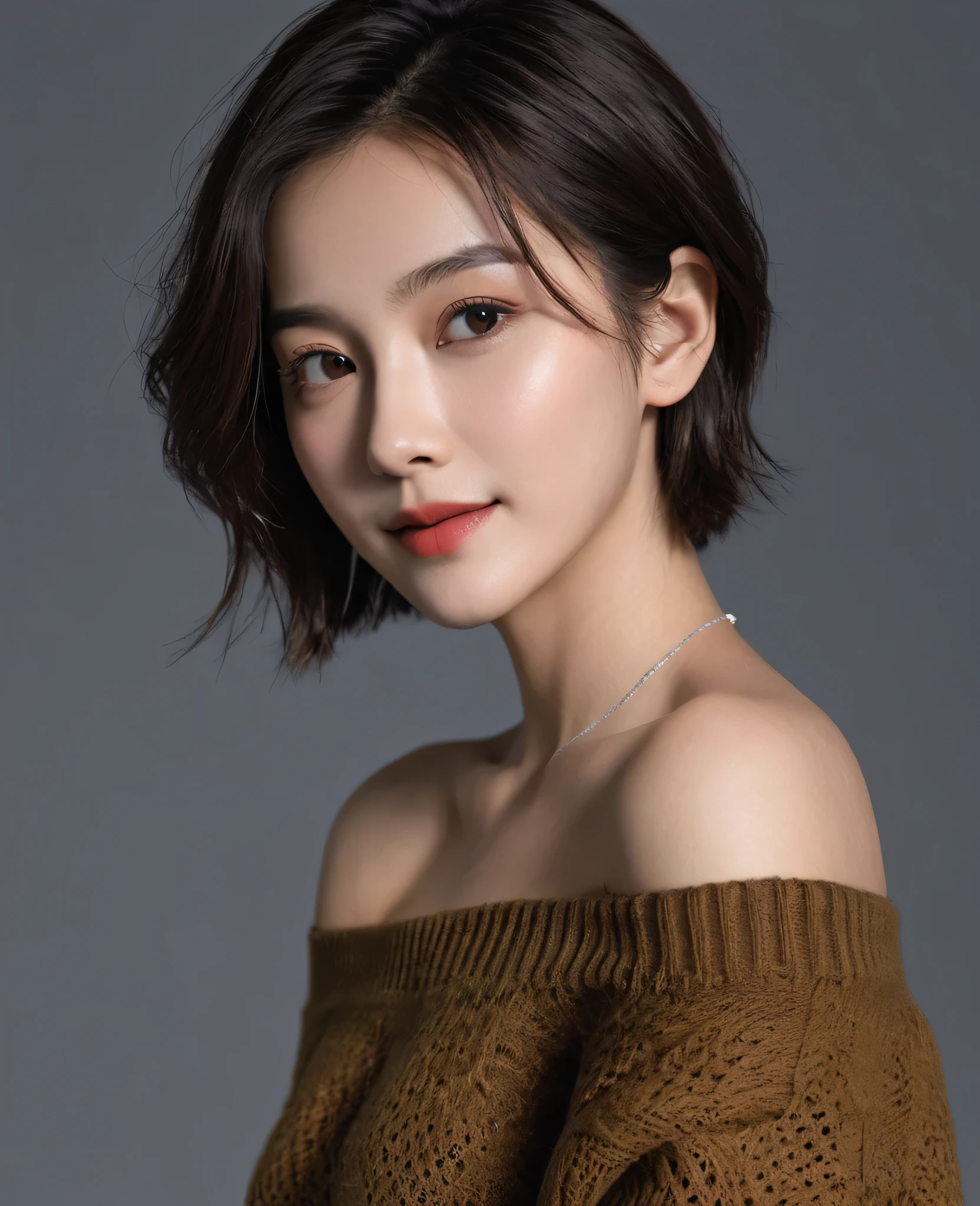 Best quality,masterpiece,Ultra-high resolution,(Realism:1.5),original photo,1 Girl,Off-shoulder,Low-cut,Chest-length skirt,in the darkness,Deep Shadows,Low profile,Openwork sweater,Cold Light,Attractive appearance,short hair,Half-length photo,Smile
