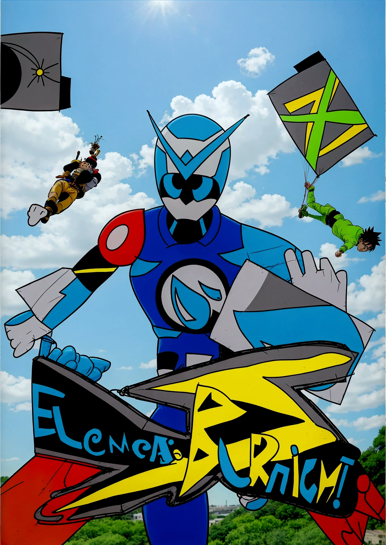 there is a cartoon of a man holding a kite and a sign, an epic anime of a energy man, promotional art, comic book's cover, official art, official artwork, promotional artwork, flying anime esper, comic cover, tekkon kinkret, kamen rider character, g - man ending, anime cover, digital art!!, eboy, art cover