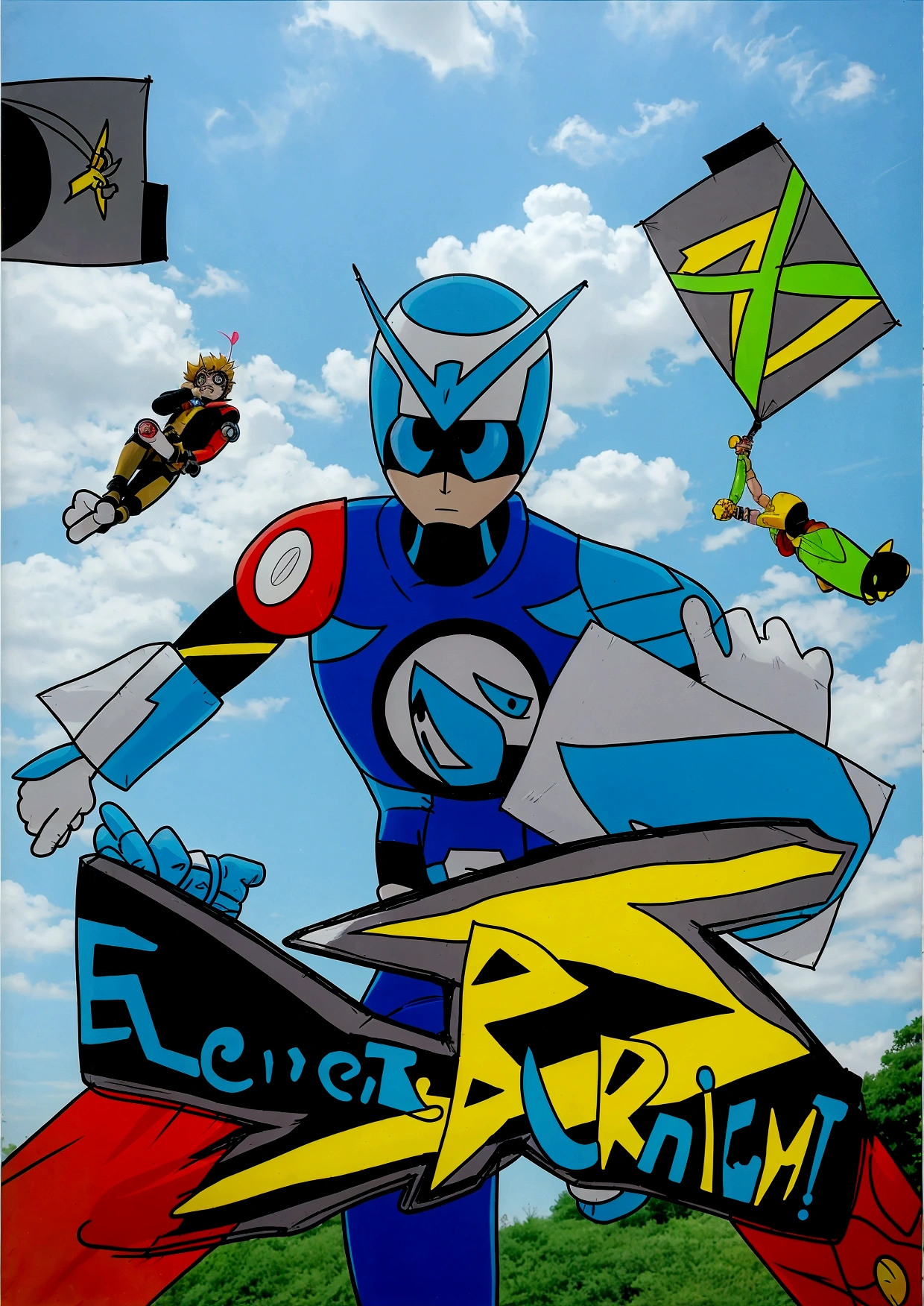 there is a cartoon of a man holding a kite and a sign, an epic anime of a energy man, promotional art, comic book's cover, official art, official artwork, promotional artwork, flying anime esper, comic cover, tekkon kinkret, kamen rider character, g - man ending, anime cover, digital art!!, eboy, art cover