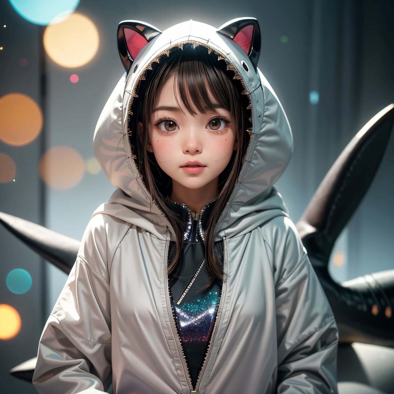  (Skinny Shark BodySuit,  shark head hood), 8k, High-level, absurd, masterpiece, best quality, primitive, very detailed CG, very detailed wallpaper, perfect lighting, Extremely detailed ((( personifying " Shark" as a  Girl))), MysticSight, Tyndall effect, Tyndall scattering, (Studio gray background with (Overflowing oodles Dazzling RainbowColorParticles (BokeH))), (RoundlyButts, Shark tail), (Exposed:0.4), (Assfocus with looking ahead) BREAK  (Acutance:0.88), (NOGIZAKA face variations) Extremely Detailed very KAWAII face variations, perfect anatomy, Childish, CaptivatingGaze ElaboratePupils detailed Eyes with (sparkling highlights:1.28), (Voluminous LongEyelashes:0.88)、GlossyRED Lips with beautiful details, RosyCheeks, Radiant PearlSkin with Transparency . { (Dynamic LifeLike expressions:1.4) | (:d) }, (large eyes:-1) . ((animal ears:-1.2))