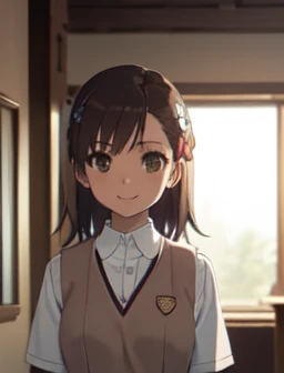 Masterpiece HD, alone, One girl, Mikoto rose., tokiwadai, Wear a white collared shirt, Wear a brown vest, bow, View Viewer,, smile, Upper Body, Are standing, indoor