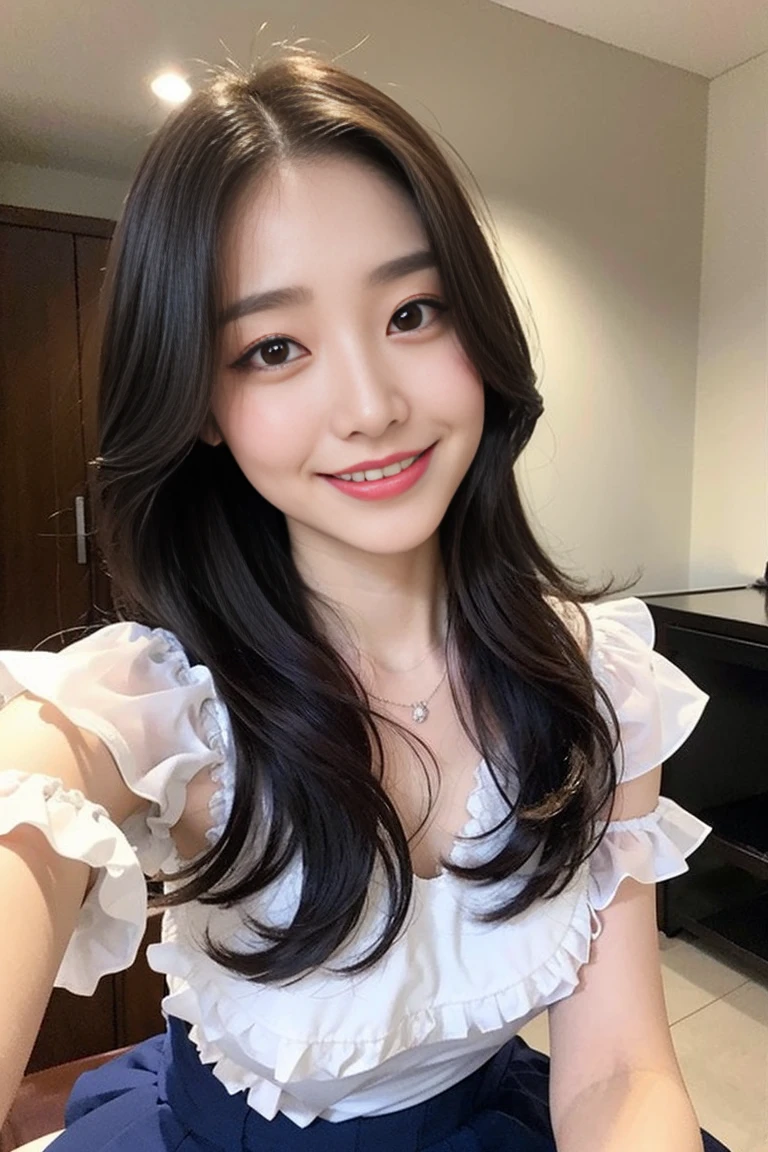 Long Hair、Slit eyes、Sexy gaze、Frill blouse for working women、No glasses、A kind smile、naked eye、sexy、My mouth is empty、 night、smile、Being spoiled、Korean Idol、