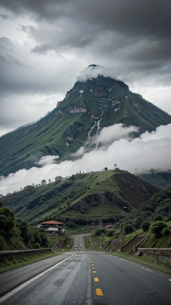 Raining cloudy, A road, mountain with beautiful view in indonesia