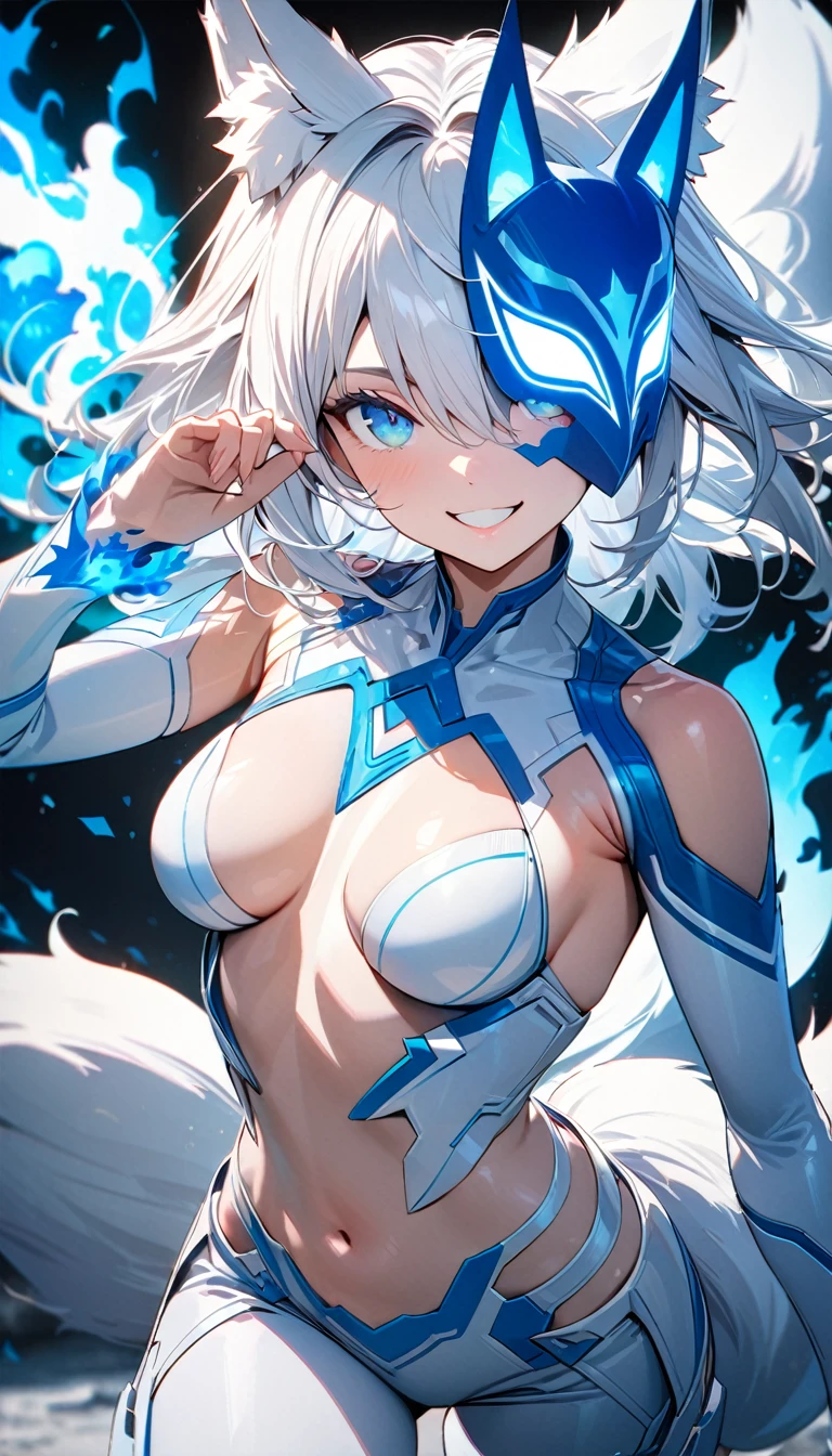 young girl, long white hair, fox ears, fox tail, blue eyes, light blue superhero form, white elements, superhero mask, smile, blue fire, open belly, Masterpiece, best quality, Full HD, 8k, ultra details, great graphic