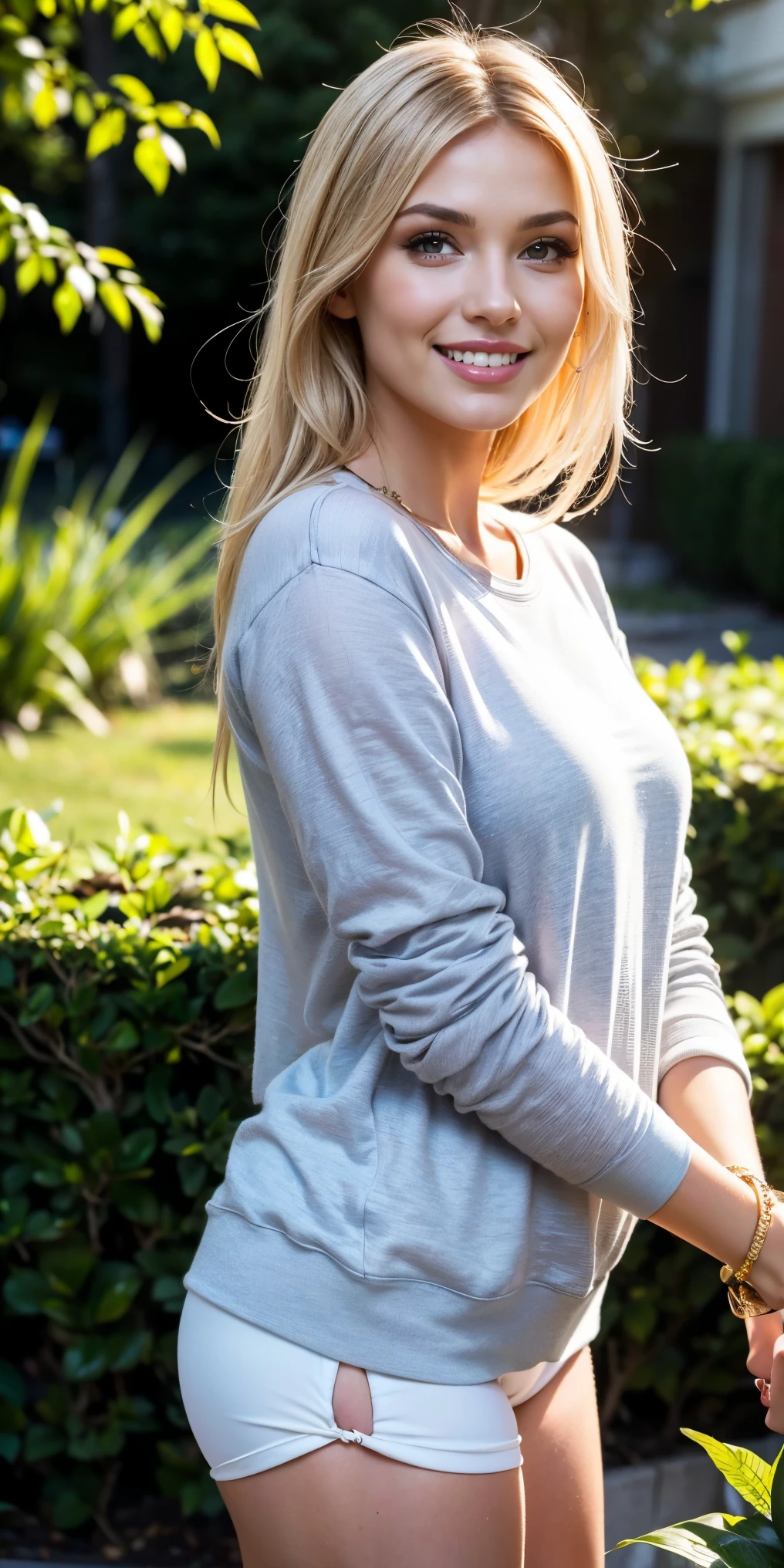 Allie Dunn, blond hair, (white sweatshirt), (selfie), (posing), (photo pose), (in the garden), (confident stance), (alluring allure), (impeccable craftsmanship), (exquisite attention to detail), (smile) (perfect smile), perfect lipps), (perfect teeth), (perfect smile), (irresistible sexiness), (designed to ignite passion), (undeniable sensuality). looking at viewer, smiling, masterpiece, best quality, highly detailed, (Beautiful and detailed eyes), (beautiful and detailed face), Perfect female body, (Best Quality), (ultra-detailed), (master piece), (high resolution), (Original), (the Extremely Detailed CG Unity 8K Wallpapers), big , perfect skin, perfect face, ultra realistic, sexy.

