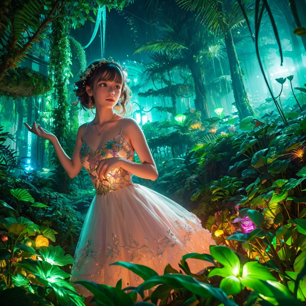 beautiful detailed girl in fairy dress, neon-lit jungle, glowing flora and fauna, trees as circuit boards, rivers of liquid light, 8k, photorealistic, cinematic lighting, vibrant colors, fantasy, surreal, magical