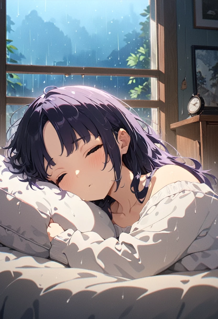 Masterpiece, highest quality, 8K, high definition CG unit wallpaper, high resolution, highest quality, highest quality real texture skin, surreal, increase resolution, RAW photo, highest quality, very detailed, beautiful 20 year old girl sleeping on a pillow, A window with a nice view, a rainy night sky