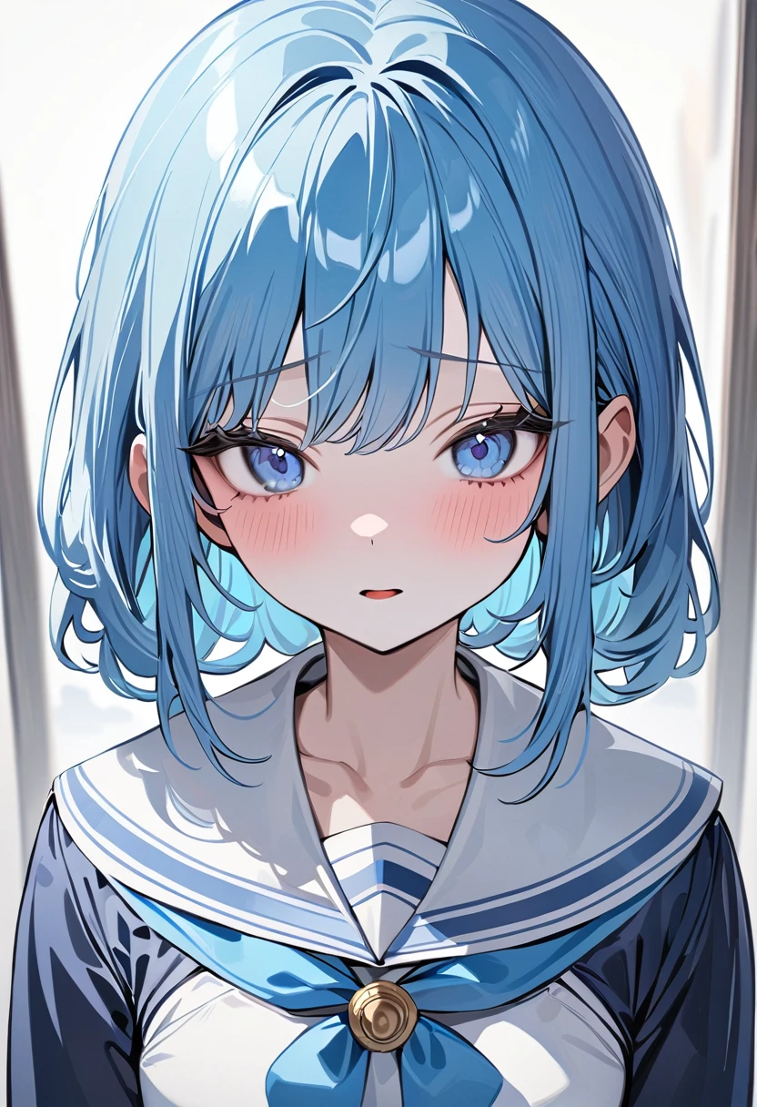(masterpiece, top quality, very aesthetic, 4k、super detailed), intricate detail, 1girl,stand、upper body、front view,
Cute 、blue hair、middle hair,sidelock ,,blue eyes、sailor uniform、small breasts,Slim 、JK