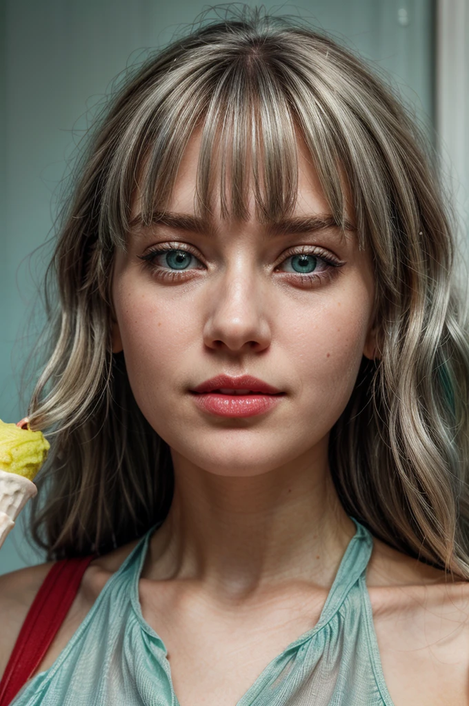 a close-up of a person holding an ice cream cone, sweet girl, woman with wavy silver hair, bangs, light blue eyes, red lips, tender green dress,