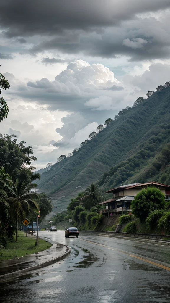 Raining cloudy, A road, riverside with beautiful view in indonesia