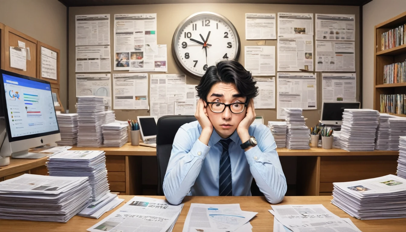 Create an illustrative image of a small business. In the center, show a visibly stressed businessman, surrounded by stacks of papers, a computer with a screen showing an outdated profile on Google My Business, and a clock on the wall indicating a lack of time. In the background, show dissatisfied customers leaving the store and a competitor with many customers and positive reviews. Use an art style that combines realistic elements with a touch of anime to add a sense of drama and urgency."