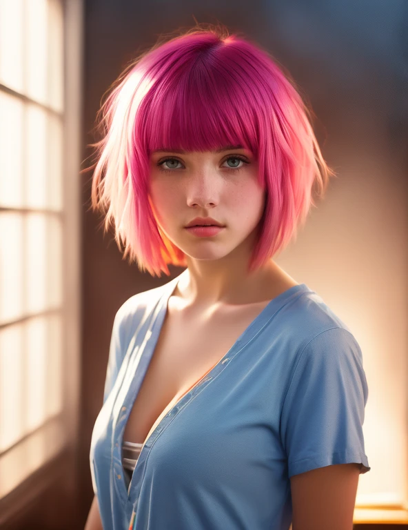 award winning portrait of cute 18 year old emo girl with blunt bangs, bob cut, pink hair, wearing a blue shirt, dramatic lighting but warm flesh colors, Intricate Detail, Soft Focus, Masterpiece, Concept Art analog RAW photo by Greg Rutkowski, busty