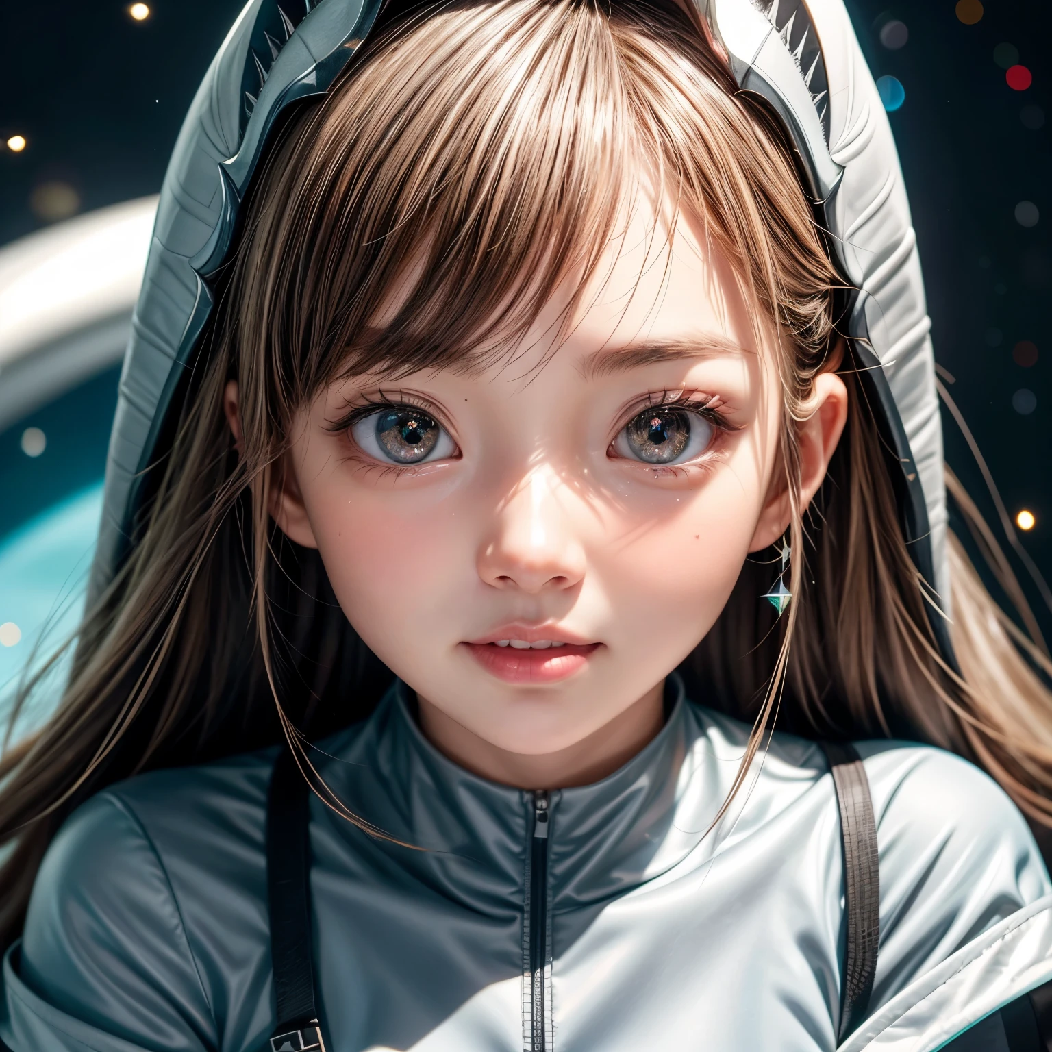  (Skinny Shark BodySuit,  shark head earsless hood with Fin), 8k, High-level, absurd, masterpiece, best quality, primitive, very detailed CG, very detailed wallpaper, perfect lighting, Extremely detailed ((( personifying " Shark" as a Little Girl))), MysticSight, Tyndall effect, Tyndall scattering, (Studio gray background with (Overflowing oodles Dazzling RainbowColorParticles (BokeH))), (RoundlyButts, Shark Leg Fin), (Exposed:0.4), (Assfocus with looking ahead) BREAK  (Acutance:0.88), (NOGIZAKA face variations) Extremely Detailed very KAWAII face variations, perfect anatomy, Childish, CaptivatingGaze ElaboratePupils detailed Eyes with (sparkling highlights:1.28), (Voluminous LongEyelashes:0.88)、GlossyRED Lips with beautiful details, RosyCheeks, Radiant PearlSkin with Transparency . { (Dynamic LifeLike expressions:1.4) | (:d) }, (large eyes:-1) . ((animal ears:-1.2))