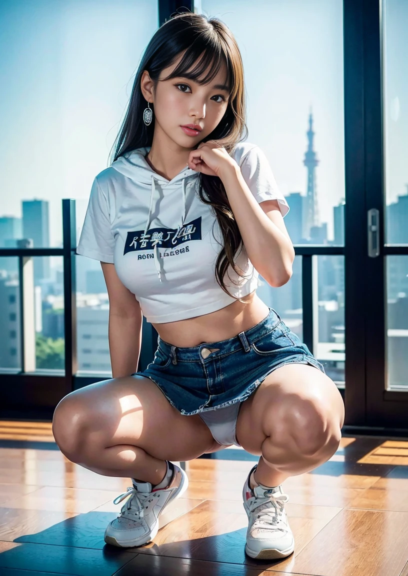 Japanese female college student、(Inside the observation deck of Tokyo Skytree、shiny flooring)、Magic Mix Real、(Raw photo:1.2)、(Photorealistic:1.4)、The beauty of beautiful details Delicate expression、Blonde、((Panties are visible))(Squatting panchira)Earrings Eyelashes Beautiful and fine details、Large file size、Ultra-detailed、High resolution、Transcendental beauty Highest quality、masterpiece、、(Japanese female college studentのファッション))、Extremely detailed representation grow、In detail、Highly detailed facial cinematic lighting、22-year-old girl、Positive、((Dynamic Pose)))、(Sit with your knees bent))、(Hoodie with short sleeves、Denim skirt、sneakers)、Sexy upward glance、(While wearing a howing panties to the camera))、