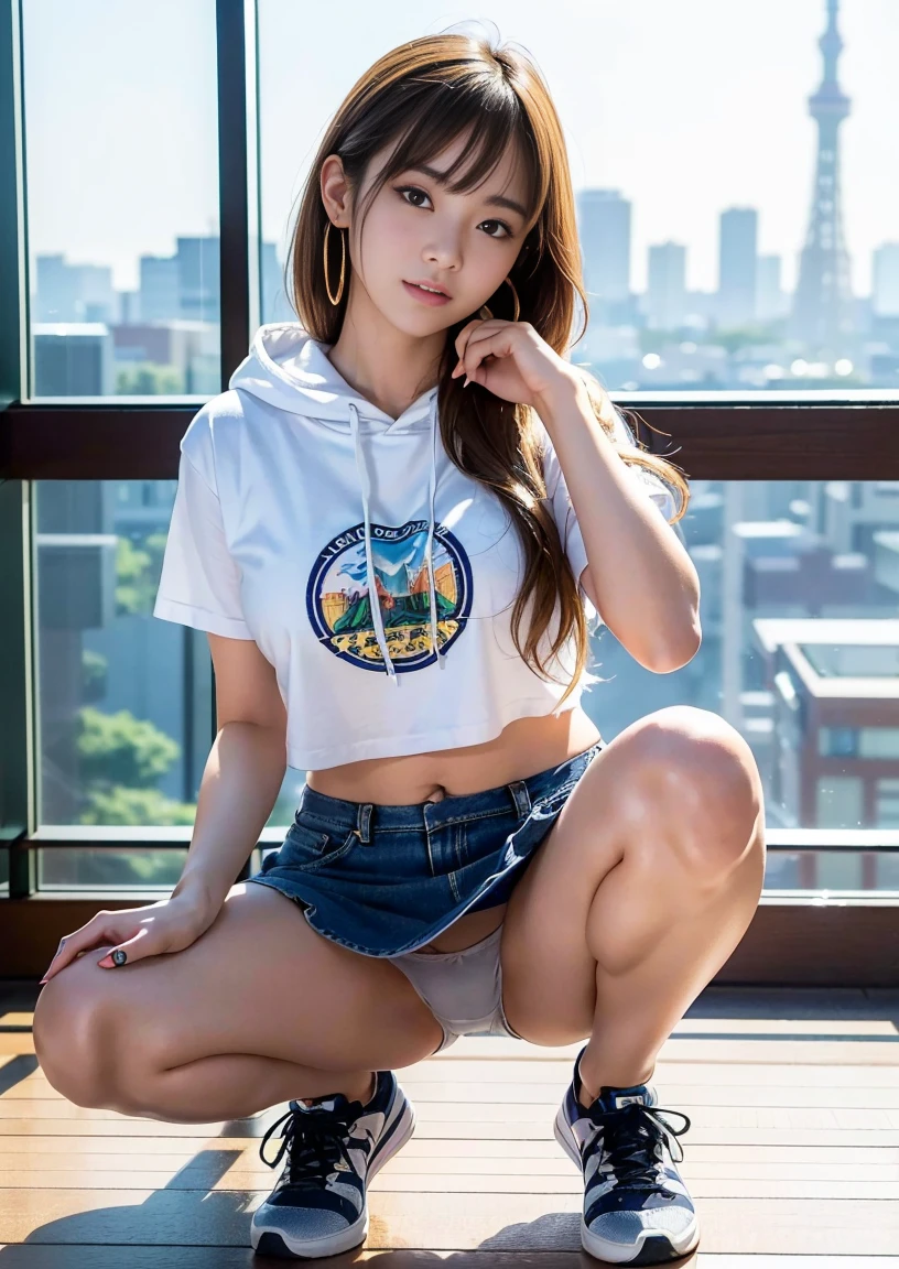 Japanese female college student、(Inside the observation deck of Tokyo Skytree、shiny flooring)、Magic Mix Real、(Raw photo:1.2)、(Photorealistic:1.4)、The beauty of beautiful details Delicate expression、Blonde、((Panties are visible))(Squatting panchira)Earrings Eyelashes Beautiful and fine details、Large file size、Ultra-detailed、High resolution、Transcendental beauty Highest quality、masterpiece、、(Japanese female college studentのファッション))、Extremely detailed representation grow、In detail、Highly detailed facial cinematic lighting、22-year-old girl、Positive、((Dynamic Pose)))、(Sit with your knees bent))、(Hoodie with short sleeves、Denim skirt、sneakers)、Sexy upward glance、(While wearing a howing panties to the camera))、