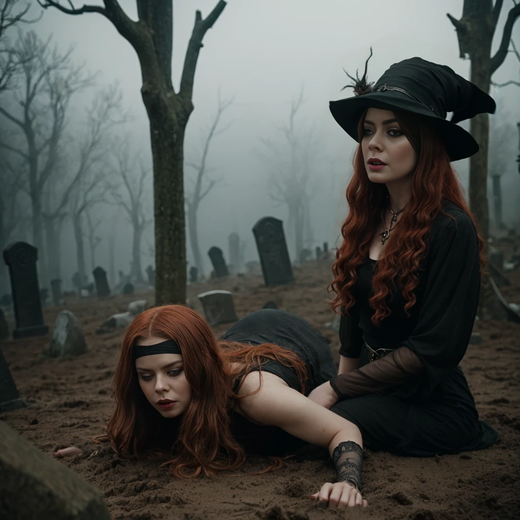 arafed (1woman), woman in a black dress with short messy wavy red hair and a necklace, lotr, promotional still,  joy vampire queen, artstyle tom bagshaw, beautiful female vampire, carmilla vampire, portrait of a elder witch, vampire fashion, samara weaving vampire, tom bagshaw weta studio, with red hair, photo still, witchy clothing, beautiful female witch in fog filled graveyard, black blindfold. Solo woman alone. Lady is laying down in the mud