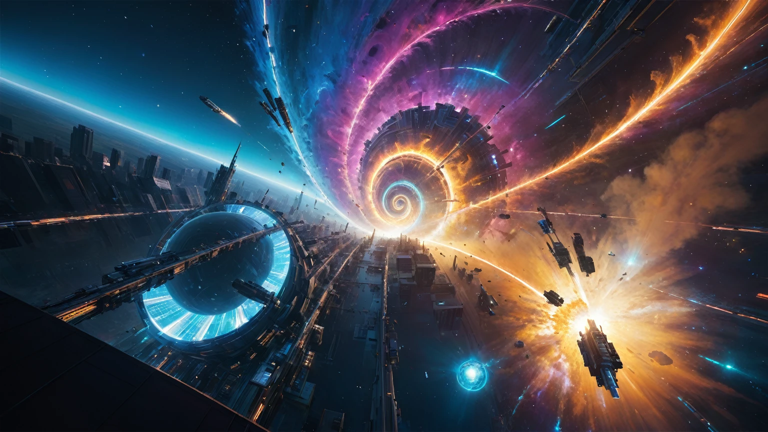 aerial view. brightly colored abstract image of a space station with a spiral, epic beautiful space scifi, chaotic cinematic space rift, greg beeple, planets colliding, beeple and tim hildebrandt, beeple and jean giraud, end of the universe, galaxy space sci-fi, ringworld, by Mike "Beeple" Winkelmann. Matrix style, (((((Matrix cascading code))))), (((((a futuristic twin tower skyscraper with a unique twisted design))))), (((((OLED GUI interfaces in the building))))), at night, (((((1girl, solo))))), photo realistic, (((large-breast:1.2 slim body, cleavage))), (((off broken mini sling-shirt and black sling bra, extreamly short pleated miniskirt exposing panty))), (((((running pose))))), (((((matrix style black sunglasses))))), ((((((((((aiming with a short gun)))))))))), (((((looking at camera))))), (((very low view))), (((((half-body thigh level medium shot))))), (((cinematic lighting))).