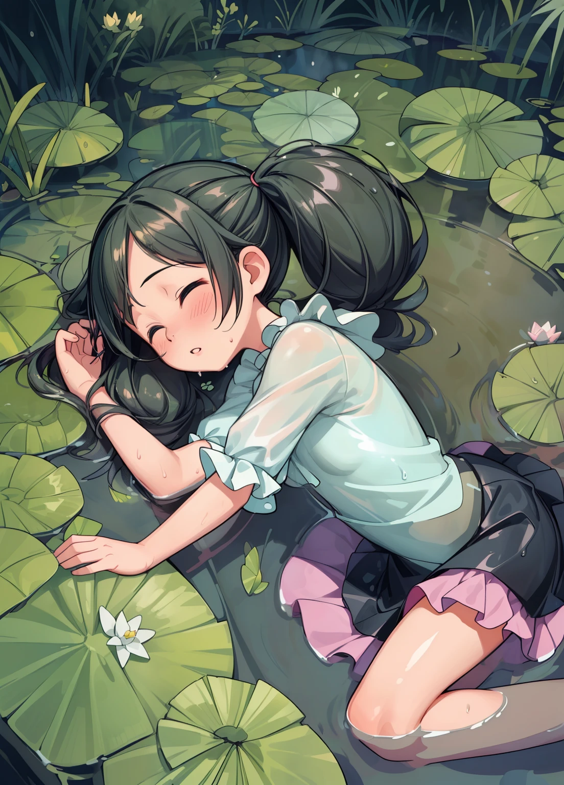 (masterpiece、Highest quality、Highest quality、Official Art、beautifully美しい:1.2)、(One girl:1.3)Hatsune Miku、Twin tails,Beautiful ,(masterpiece, Absurd quality, Highest quality, Official Art, beautifully、aesthetic:1.2), 16K, Cute girl, Very detailed, Digital Art, colorful, Most detailed, Bright colors, By famous artists, (Conversion Sequence), Dynamic Angle, landscape, scenery, flower, Deep Pond, dim , (Floating in a pond), (difficult:1.5), (One girl:1.5), lipstick, eyelash, Very detailed顔, eyelash, Very detailed顔, (Perfect Legs, Perfect hands, Perfect Anatomy:1.1), Depth of written boundary, Beautiful lighting, (Floating Hair:1.3), Detailed skin, Shiny, (temporarily stopped:1.5), (boost mood:1.5), Shiny skin, Shiny hair, Shiny face, Shiny skin, charshall2 (English), (Voluminous ruffled skirt,:1.5) ,(Voluminous pannier skirt:1.5), (Sexual ion:1.5), whole body, (From above:1.4), (Lie down in the pond:1.5), close your eyes, (Wet clothes:1.4), pantyhose, Vede shot, (Floating in a pond:1.3)