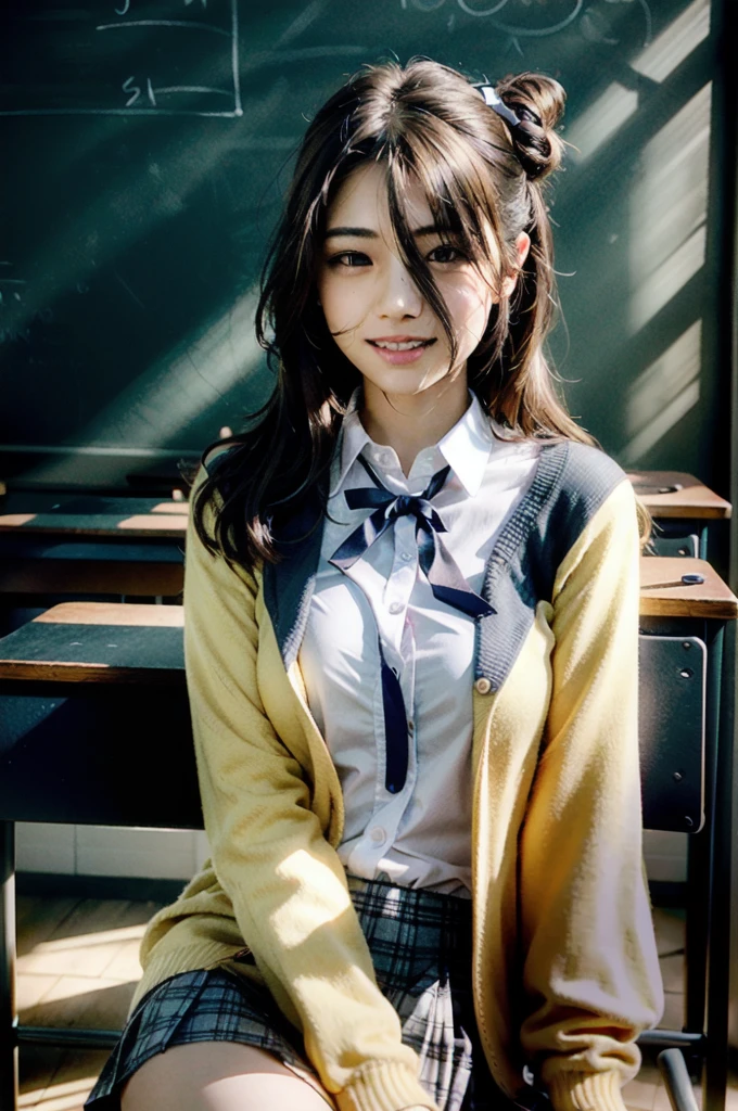(Realistic:1.3), In detail, quality, Rembrandt Lighting, (masterpiece:1.2), (photoRealistic:1.2), (best quality), (Detailed skin:1.3), (Intricate details), dramatic, Ray Tracing, One girl, Japanese Girls, , Detailed skin texture, (blush:0.5), (It gives me goosebumps:0.5), Scattered beneath the surface, smile, Medium chest, eat, Long Hair, One-sided bun, Hair Ribbon, Neck ribbon, , White shirt, Yellow cardigan, Open clothes, Long sleeve, Checked skirt, Grey Skirt, Pleated skirt, whole body, (Bright sunny day, School classroom, blackboard, School desk, Chair),
