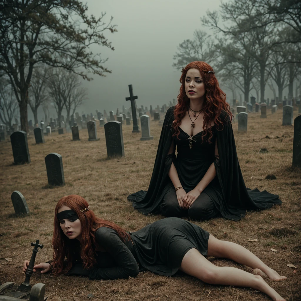 arafed (1woman), woman in a black dress with short messy wavy red hair and a necklace, lotr, promotional still,  joy vampire queen, artstyle tom bagshaw, beautiful female vampire, carmilla vampire, portrait of a elder witch, vampire fashion, samara weaving vampire, tom bagshaw weta studio, with red hair, photo still, witchy clothing, beautiful female witch in fog filled graveyard, black blindfold. Solo woman. Lady is laying down in the mud