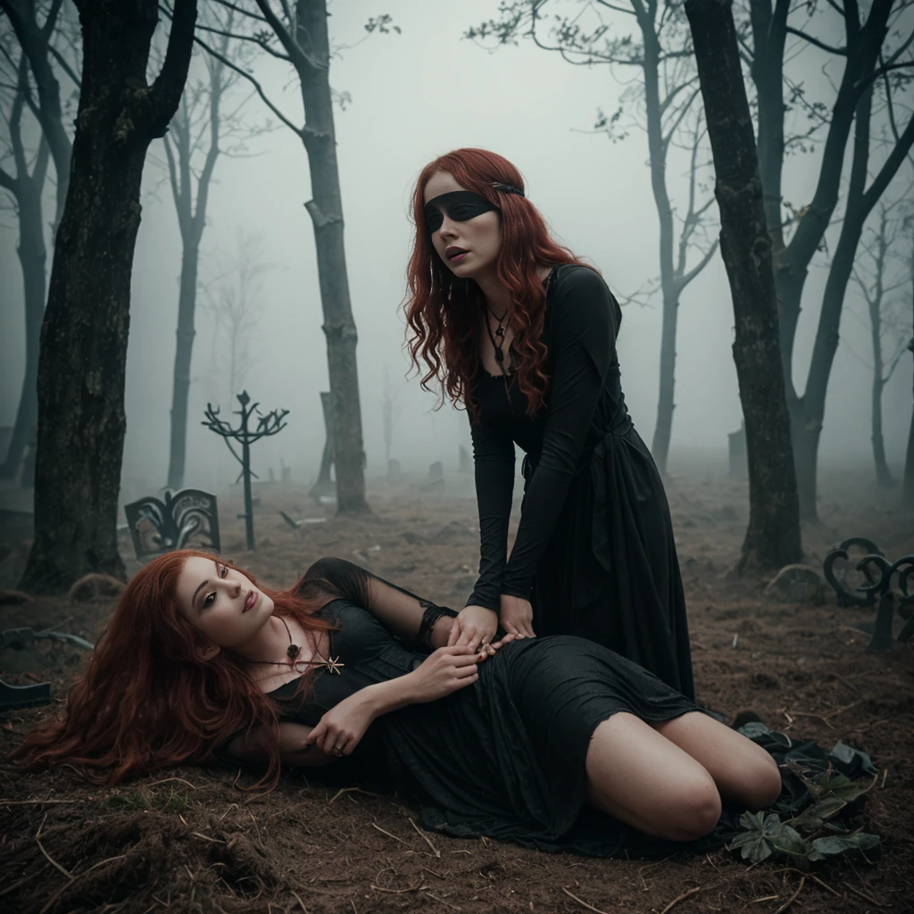 arafed (1woman), woman in a black dress with short messy wavy red hair and a necklace, lotr, promotional still,  joy vampire queen, artstyle tom bagshaw, beautiful female vampire, carmilla vampire, portrait of a elder witch, vampire fashion, samara weaving vampire, tom bagshaw weta studio, with red hair, photo still, witchy clothing, beautiful female witch in fog filled graveyard, black blindfold. Solo woman. Lady is laying down in the mud