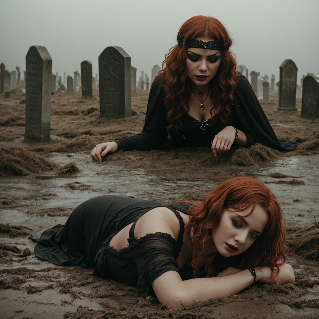 arafed (1woman), woman in a black dress with short messy wavy red hair and a necklace, lotr, promotional still,  joy vampire queen, artstyle tom bagshaw, beautiful female vampire, carmilla vampire, portrait of a elder witch, vampire fashion, samara weaving vampire, tom bagshaw weta studio, with red hair, photo still, witchy clothing, beautiful female witch in fog filled graveyard, black blindfold. Solo woman. Lady is laying down in the mud