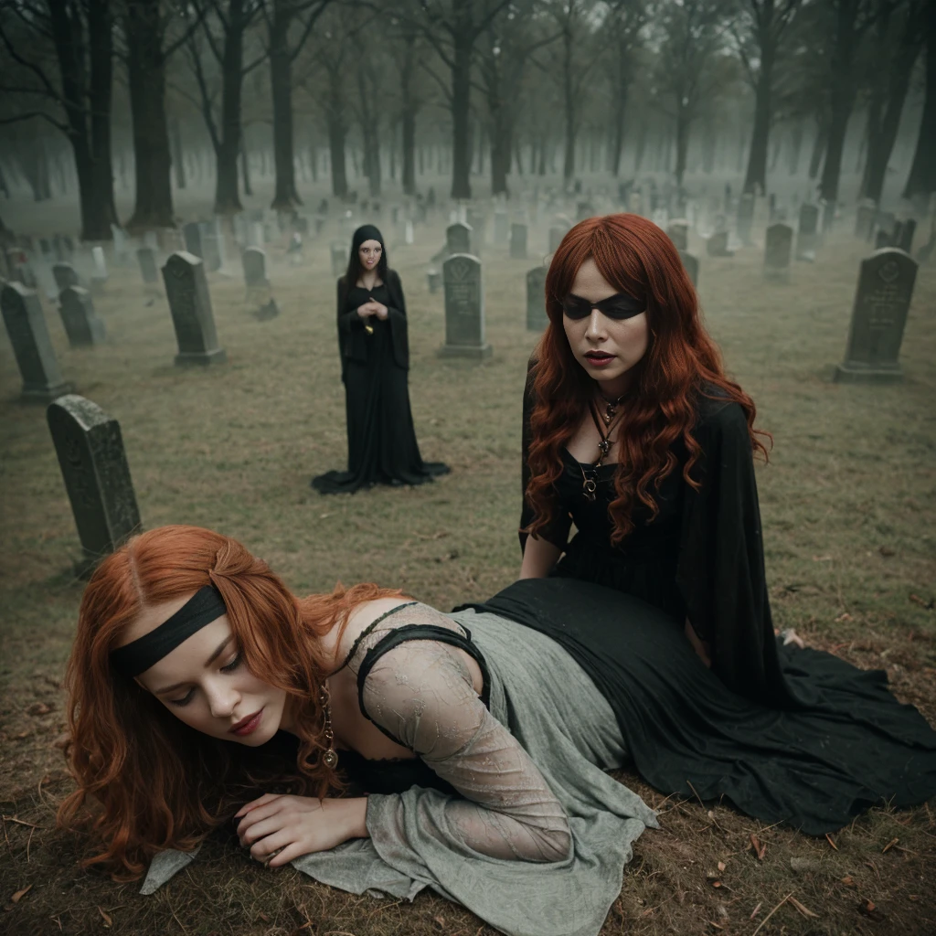 arafed (1woman), woman in a black dress with short messy wavy red hair and a necklace, lotr, promotional still,  joy vampire queen, artstyle tom bagshaw, beautiful female vampire, carmilla vampire, portrait of a elder witch, vampire fashion, samara weaving vampire, tom bagshaw weta studio, with red hair, photo still, witchy clothing, beautiful female witch in fog filled graveyard, black blindfold. Solo woman. Lady is laying down in the mud