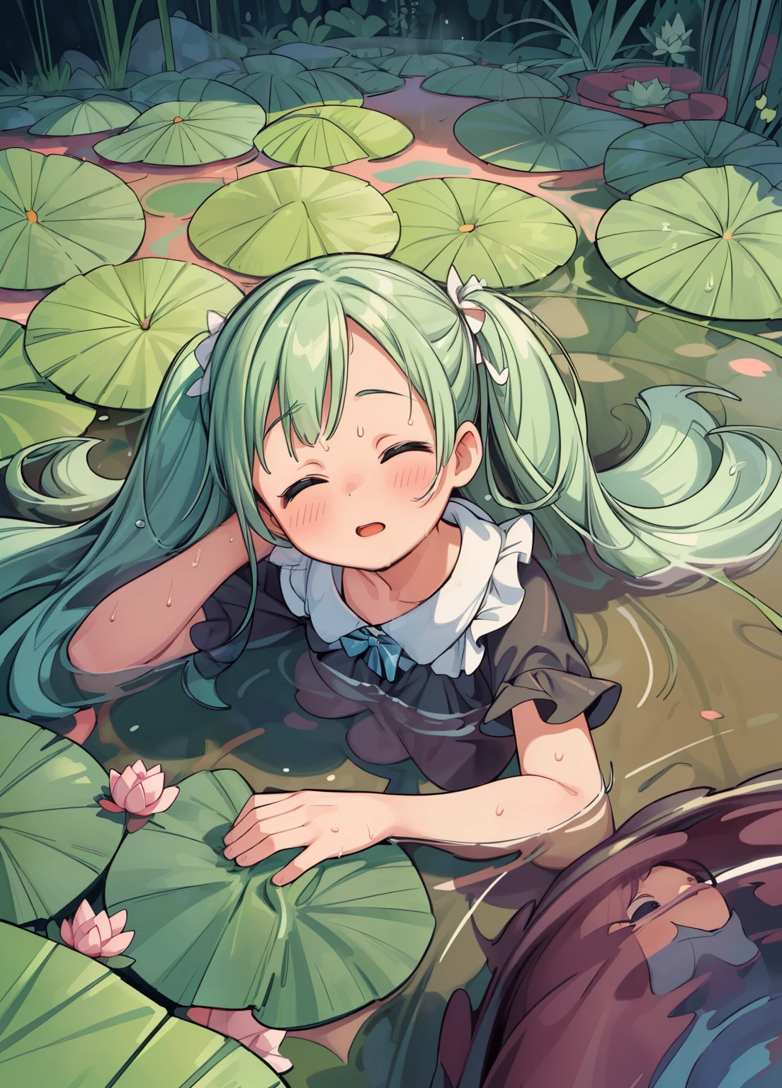 (masterpiece、Highest quality、Highest quality、Official Art、beautifully美しい:1.2)、(One girl:1.3)Hatsune Miku、Twin tails,Beautiful breasts,(masterpiece, Absurd quality, Highest quality, Official Art, beautifully、aesthetic:1.2), 16K, Cute girl, Very detailed, Digital Art, colorful, Most detailed, Bright colors, By famous artists, (Conversion Sequence), Dynamic Angle, landscape, scenery, flower, Deep Pond, dim , (Floating in a pond), (difficult:1.5), (One girl:1.5), lipstick, eyelash, Very detailed顔, eyelash, Very detailed顔, (Perfect Legs, Perfect hands, Perfect Anatomy:1.1), Depth of written boundary, Beautiful lighting, (Floating Hair:1.3), Detailed skin, Shiny, (temporarily stopped:1.5), (boost mood:1.5), Shiny skin, Shiny hair, Shiny face, Shiny skin, charshall2 (English), (Voluminous ruffled skirt,:1.5) ,(Voluminous pannier skirt:1.5), (Sexual affection:1.5), whole body, (From above:1.4), (Lie down in the pond:1.5), close your eyes, (Wet clothes:1.4), pantyhose, Very wide shot, (Floating in a pond:1.3)