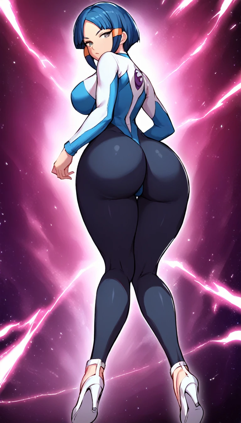 best quality,ultra detailed,solo,score_9, score_8_up, score_7_up, score_6_up, score_5_up, score_4_up, source_anime, 1girl, clara, blue hair, hair tubes, grey eyes, white bodysuit,big breasts, standing sexy pose, (behind view,portrait),full body,heavenly ass, heavenly breasts, big ass, no shoes, wearing white heels, upset, face, long legs, tight bodysuit, tight sleeves, black bodysuit, half-closed eyes, backside, charging dark power, charging dark energy, dark energy, using dark power, using energy, using dark energy, charging dark energy, dark aura, backside