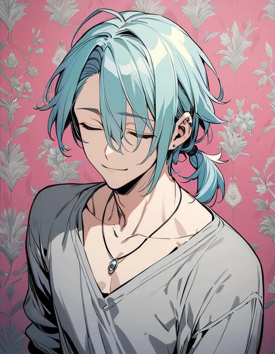 ((((best masterpiece, best quality, wallpaper,)))) solo, guy, male body, small muscles, flat chest, 1male, 30 years old, handsome man, upper body, looking at viewers, beautiful detailed, seductive smile, mediumturquoise hair, ((((Lower short ponytail)))), asymmetrical bangs, ((short hair,)) (((light smile, closed eyes, tareme, droopy eyes,))) (((perfect face,))) perfect hands, sharp nose, clear face, black turtleneck, grey cardigan, ((silver piercing, pendant,)) leggings, pink background color ultrasharp, 8K, masterpiece,