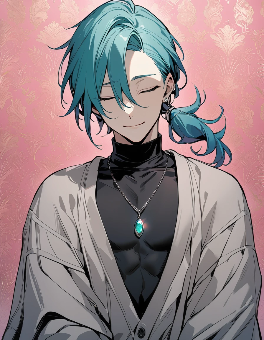((((best masterpiece, best quality, wallpaper,)))) solo, guy, male body, small muscles, flat chest, 1male, 30 years old, handsome man, upper body, looking at viewers, beautiful detailed, seductive smile, mediumturquoise hair, ((((Lower short ponytail)))), asymmetrical bangs, ((short hair,)) (((light smile, closed eyes, tareme, droopy eyes,))) (((perfect face,))) perfect hands, sharp nose, clear face, black turtleneck, grey cardigan, ((silver piercing, pendant,)) leggings, pink background color ultrasharp, 8K, masterpiece,