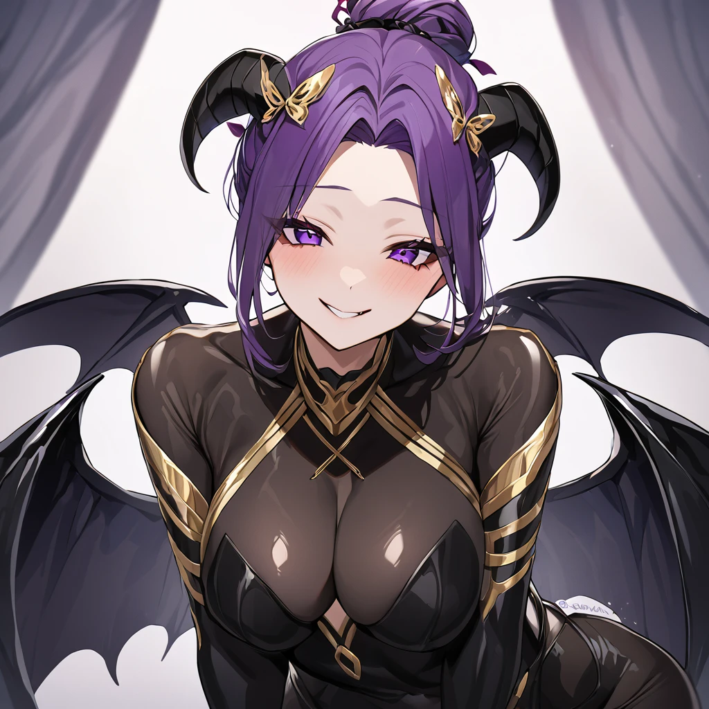 ((Highest quality)), ((masterpiece)), (detailed), (Perfect Face)、The woman is naked and wearing a shiny black full-body bodysuit decorated with gold, the sexy female demon, Devil Queen Shinobu Kochou.、The woman is a female demon with magnificent devil horns, jet black devil wings and a jet black tail. She is looking at the camera with a happy expression on her face. Her name is Kocho Shinobu and she has short purple hair tied back with a butterfly hair accessory and the expression of a girl in love.、The woman is Kocho Shinobu