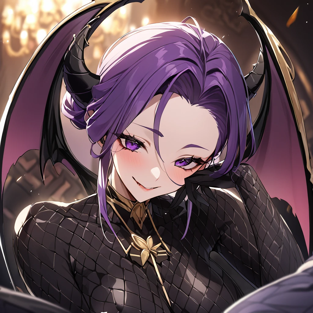 ((Highest quality)), ((masterpiece)), (detailed), (Perfect Face)、The woman is naked and wearing a shiny black full-body bodysuit decorated with gold, the sexy female demon, Devil Queen Shinobu Kochou.、The woman is a female demon with magnificent devil horns, jet black devil wings and a jet black tail. She is looking at the camera with a happy expression on her face. Her name is Kocho Shinobu and she has short purple hair tied back with a butterfly hair accessory and the expression of a girl in love.、The woman is Kocho Shinobu