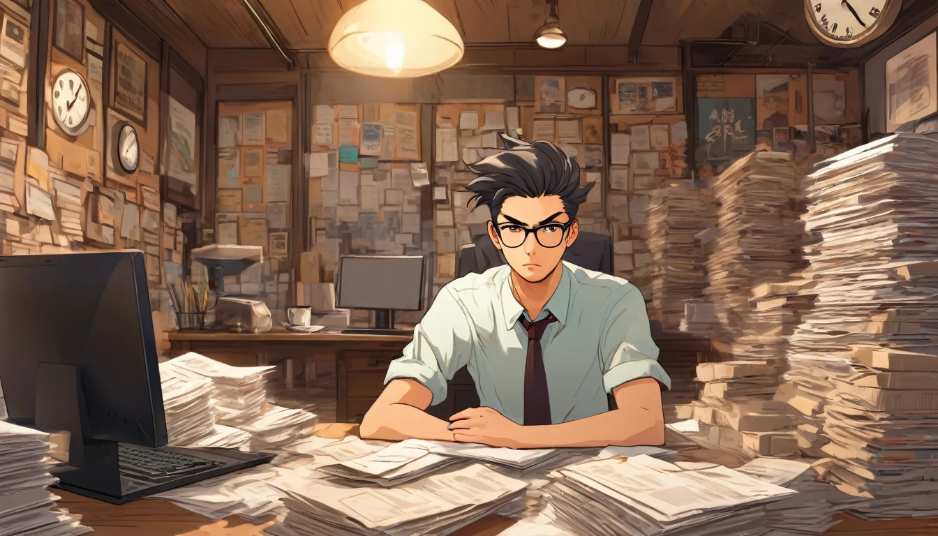 Create an illustrative image of a small business. In the center, show a visibly stressed businessman, surrounded by stacks of papers, a computer with a screen showing an outdated profile on Google My Business, and a clock on the wall indicating a lack of time. In the background, show dissatisfied customers leaving the store and a competitor with many customers and positive reviews. Use an art style that combines realistic elements with a touch of anime to add a sense of drama and urgency."