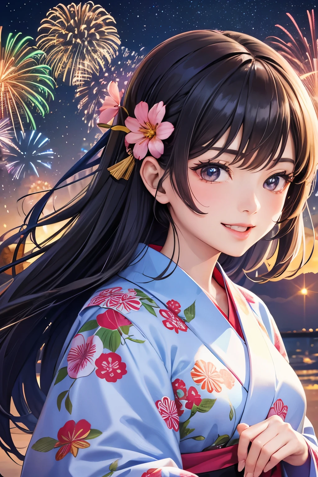 Fireworks are being set off. BREAK A cute woman in a yukata is having fun. She has a mischievous smile on her face.