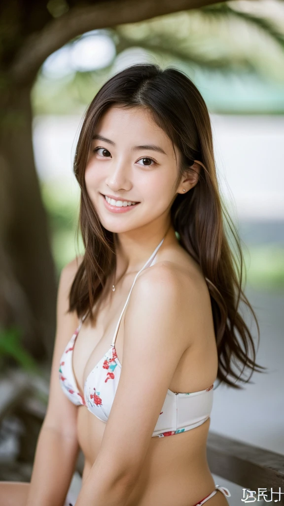 Super Cute Actress, Japanese, 18 years old, Coastal beach, Long hair, Brown hair, Floral bikini, Super clean chest, Super clean cleavage, Gravure Idol, Dynamic angle, Sexy pose, (8K/RAW development, Best picture quality, 1.2x), Super Real, (Real, 1. 37x), Portrait, High quality RAW color photo, super beautiful, famous idol, cute, super virgin face, white skin, smile, cute, young, pretty face, bare face, (Self Portrait: 1.2x), Portrait, High Quality RAW Color Photo, (Self Portrait: 1. 1.37x)