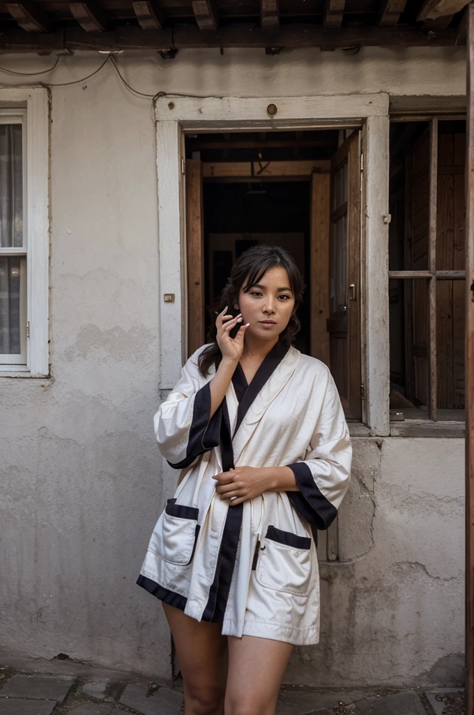 A 30 year old village girl is smoking in front of the house. Using a robe