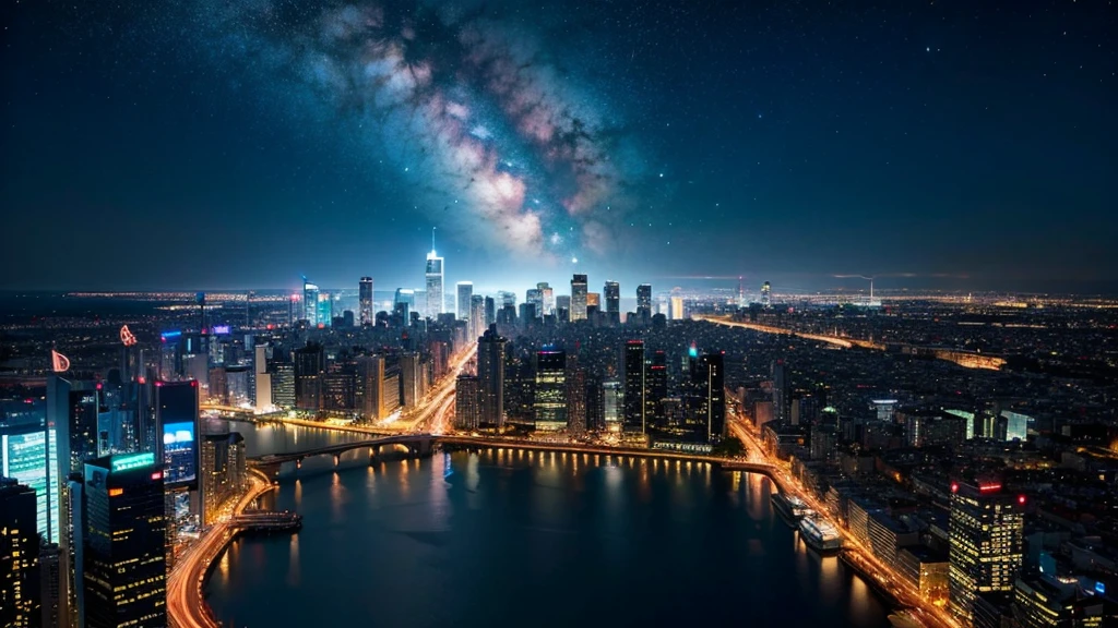 Wonderful landscape、Highest quality、Cityscape、Including sky、Starry Sky、night、Big Moon、Moonlit cityscape、building、There are no people, Makoto Shinkai's Worldview, 8K quality, Neon glows, Breathtakingly beautiful scenery,