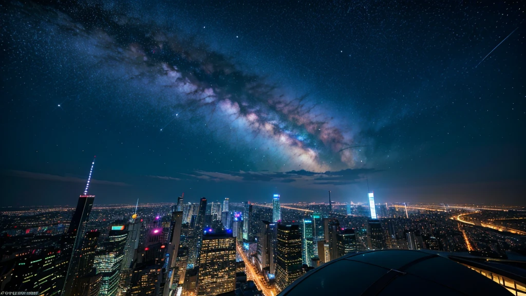 Wonderful landscape、Highest quality、Cityscape、Including sky、Starry Sky、night、Big Moon、Moonlit cityscape、building、There are no people, Makoto Shinkai's Worldview, 8K quality, Neon glows, Breathtakingly beautiful scenery,