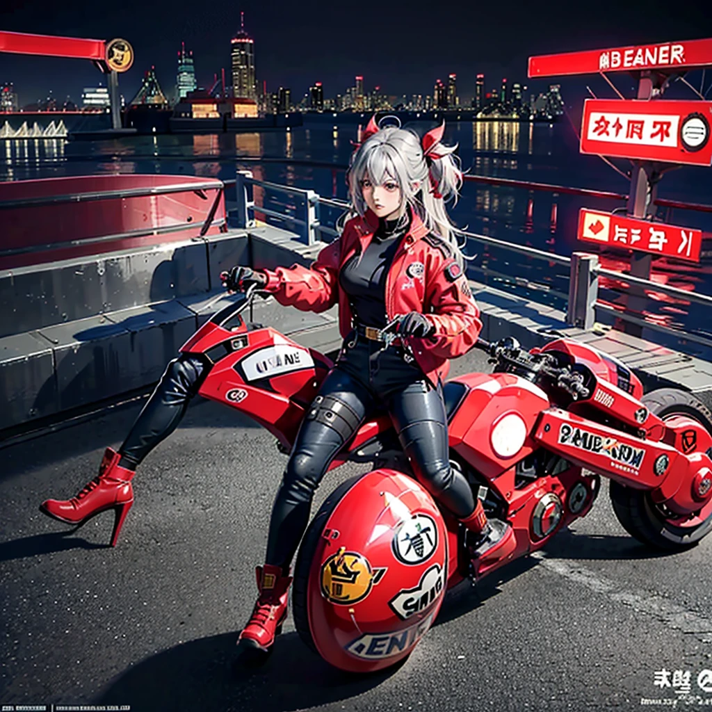 Official Art, unity 8k wallpaper, Super detailed, beautifully、aesthetic, masterpiece, Highest quality, Realistic, horn, blush, Long Hair, Gray Hair, Striped Hair, Red eyes, Hair Ribbon, Mole under the eye, Red Akira Bike, ride a bicycle, night, Cyberpunk City View, Magnificent screen, ,