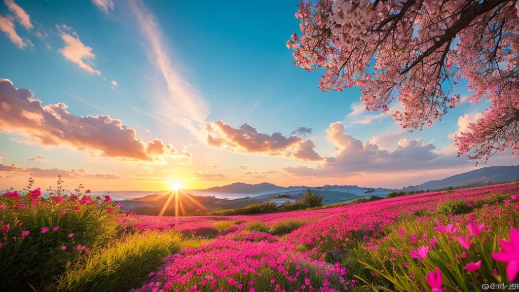 Under the expanse of blue sky, Vibrant flowers reach out towards the sun, Pink and white petals open. When the golden sun begins to rise、Fluffy clouds float leisurely in the background, Casting a warm glow on the tranquil landscape. This great photo is、It captures the essence of a serene morning., Where nature awakens in a symphony of color and light. Crisp and vivid details, Inviting viewers to immerse themselves in the beauty of the beginning of a new day.