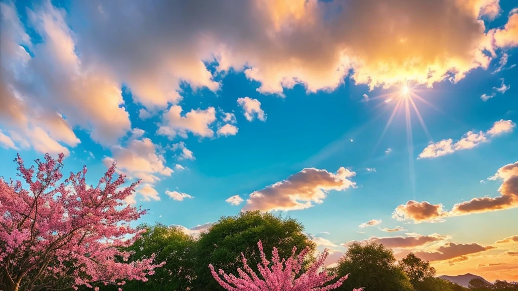 Under the expanse of blue sky, Vibrant flowers reach out towards the sun, Pink and white petals open. When the golden sun begins to rise、Fluffy clouds float leisurely in the background, Casting a warm glow on the tranquil landscape. This great photo is、It captures the essence of a serene morning., Where nature awakens in a symphony of color and light. Crisp and vivid details, Inviting viewers to immerse themselves in the beauty of the beginning of a new day.