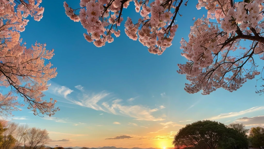 Under the expanse of blue sky, Vibrant flowers reach out towards the sun, Pink and white petals open. When the golden sun begins to rise、Fluffy clouds float leisurely in the background, Casting a warm glow on the tranquil landscape. This great photo is、It captures the essence of a serene morning., Where nature awakens in a symphony of color and light. Crisp and vivid details, Inviting viewers to immerse themselves in the beauty of the beginning of a new day.
