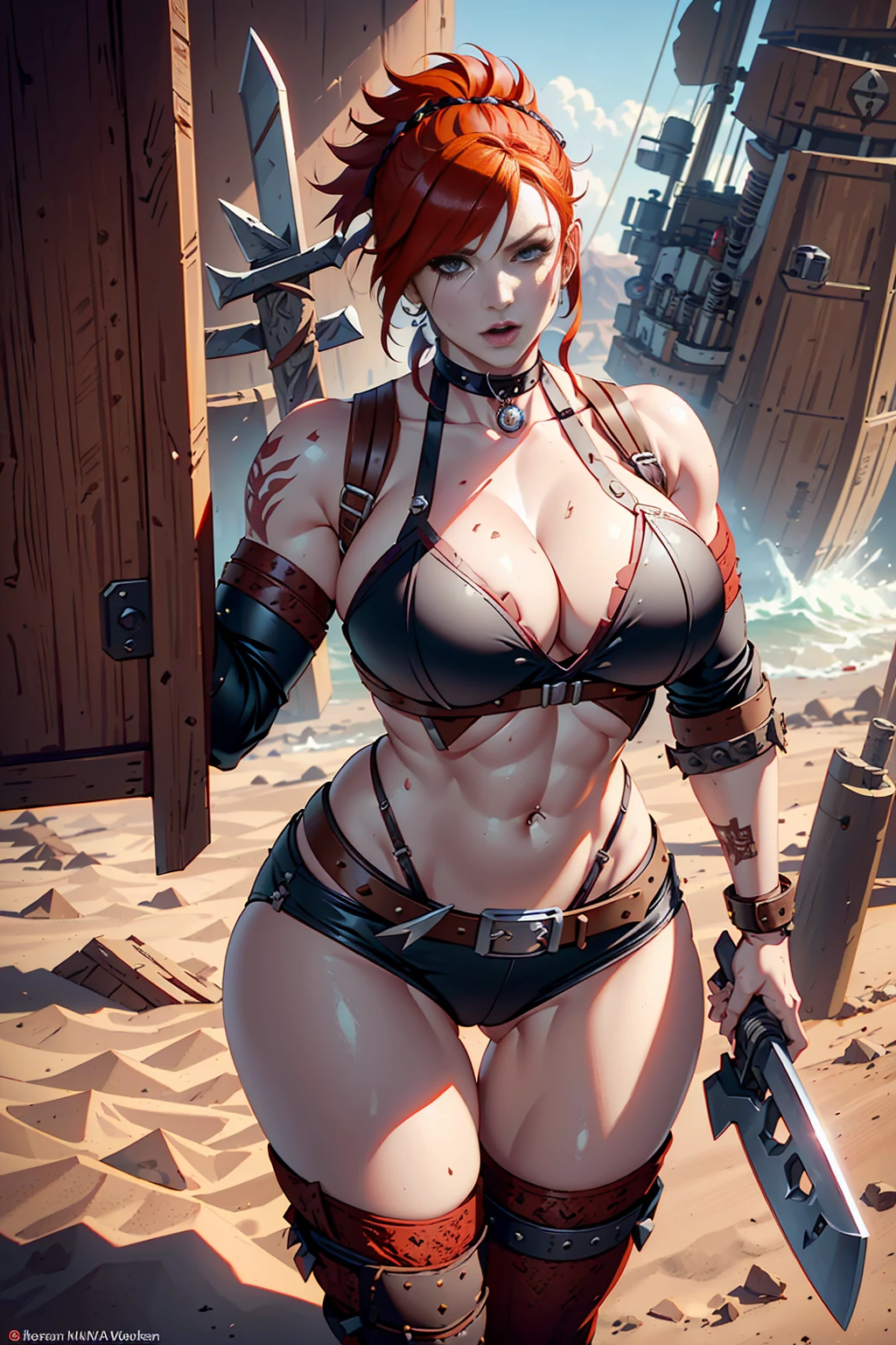 a woman with red hair and a large ax, a very beautiful berserker woman, female barbarian, north adult Warrior Woman, very beautiful female barbarian, barbarian class, north Warrior Woman, a pioneering barbarian pirate,wearing technological steampunk armor, wearing left eye patch , Marvel-style super villain, 8K, better quality and full body in the image, inside a ship.