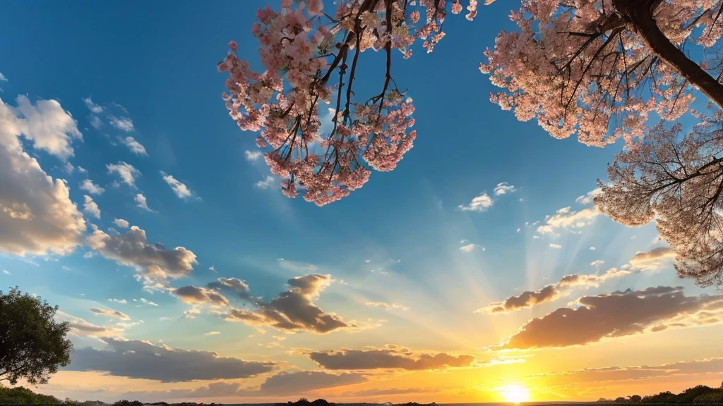 Under the expanse of blue sky, Vibrant flowers reach out towards the sun, Pink and white petals open. When the golden sun begins to rise、Fluffy clouds float leisurely in the background, Casting a warm glow on the tranquil landscape. This great photo is、It captures the essence of a serene morning., Where nature awakens in a symphony of color and light. Crisp and vivid details, Inviting viewers to immerse themselves in the beauty of the beginning of a new day.