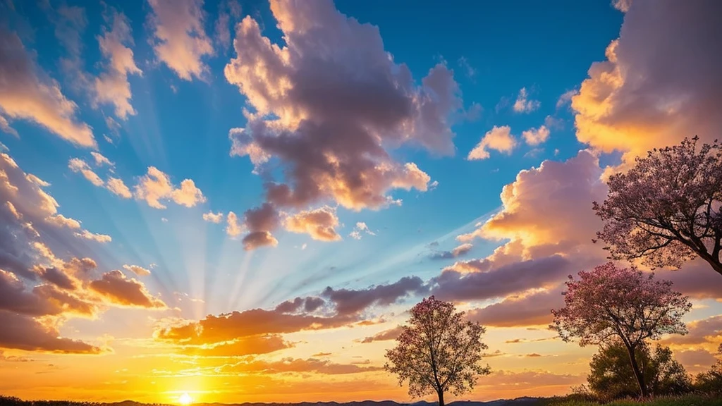 Under the expanse of blue sky, Vibrant flowers reach out towards the sun, Pink and white petals open. When the golden sun begins to rise、Fluffy clouds float leisurely in the background, Casting a warm glow on the tranquil landscape. This great photo is、It captures the essence of a serene morning., Where nature awakens in a symphony of color and light. Crisp and vivid details, Inviting viewers to immerse themselves in the beauty of the beginning of a new day.