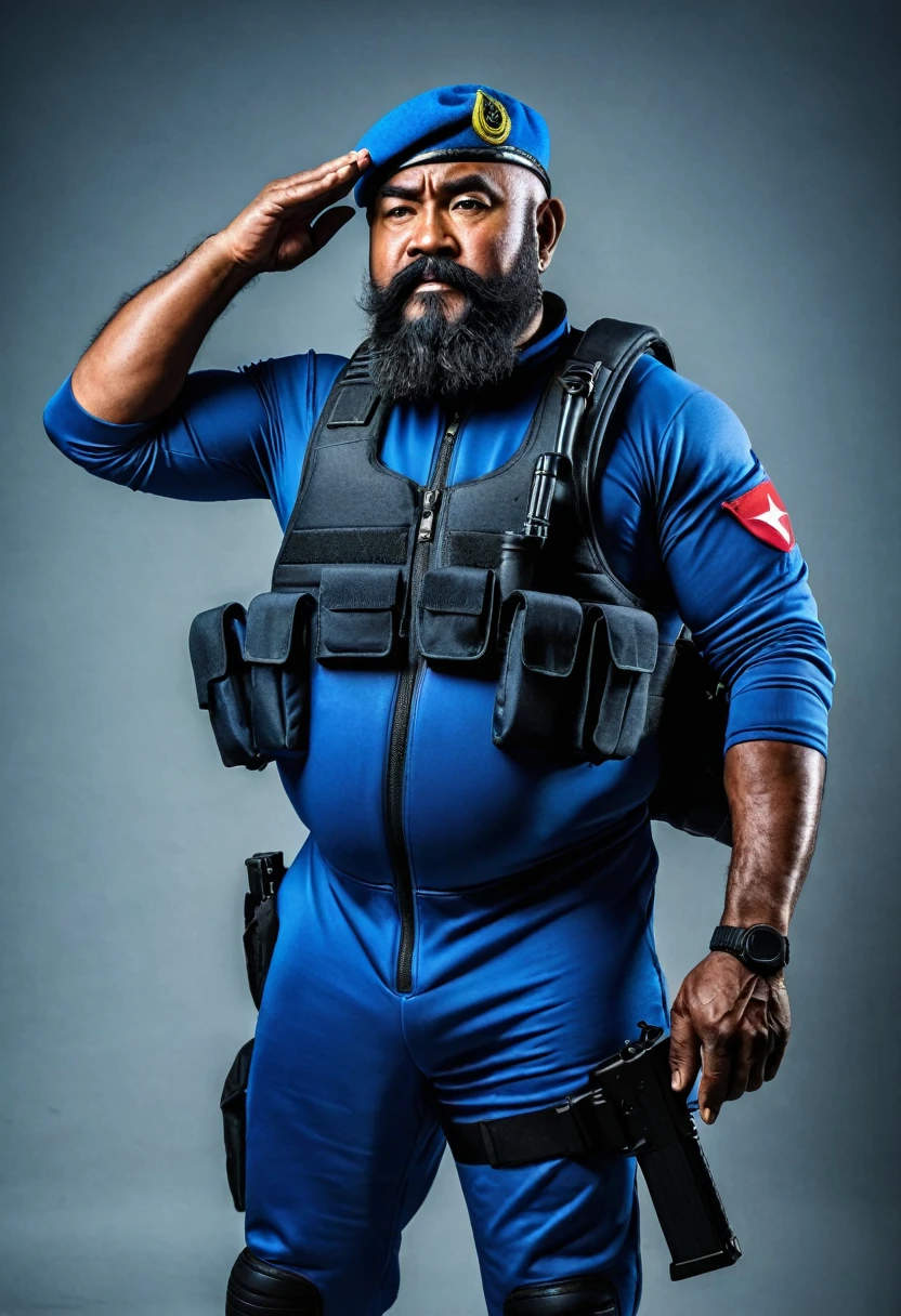 (a dark-skinned bearded muscular fat old man in a bulky blue zipper diver suit) saluting, carrying a gun in holster and (wearing army beret), muscular, Basuki Abdullah, sumatraism, action, a character portrait, heroic, fierce, angry