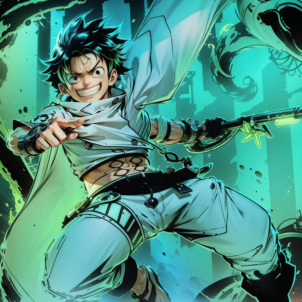 3D illustration(((Detailed))), Japanese anime「one piece」the protagonist of, Monkey D. Luffy, Armed with the latest protective gear, Beach sandals on your feet(((must)))The outline glows like a neon light, Running through a collapsing research facility in the dark, A dynamic appearance