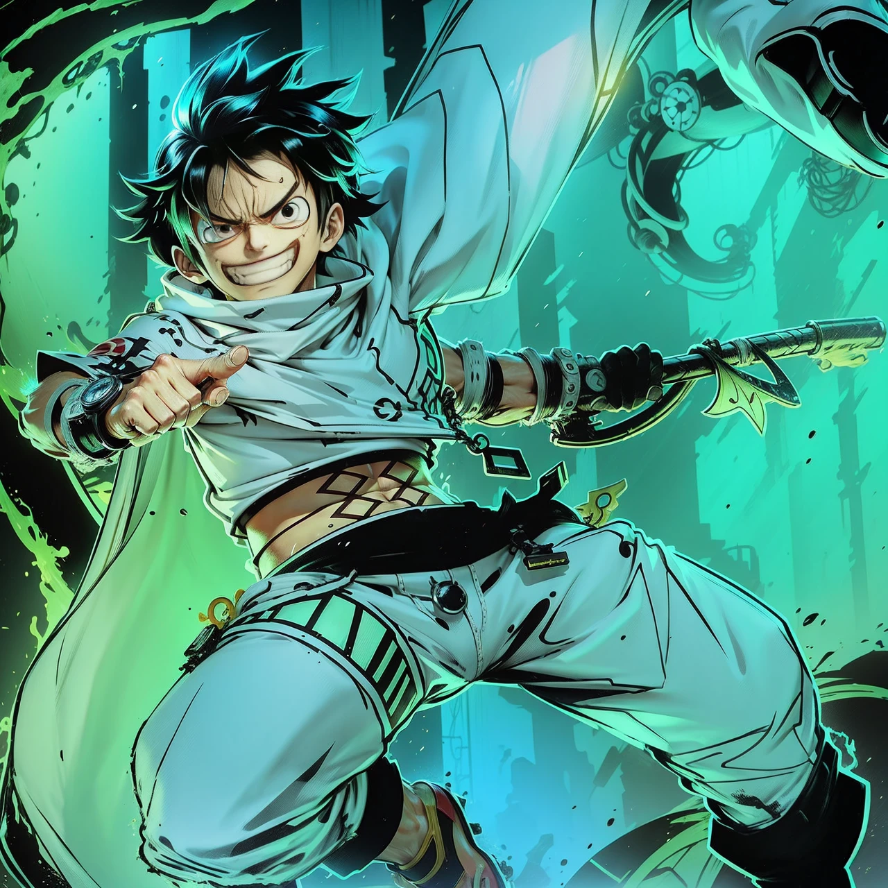 3D illustration(((Detailed))), Japanese anime「one piece」the protagonist of, Monkey D. Luffy, Armed with the latest protective gear, Beach sandals on your feet(((must)))The outline glows like a neon light, Running through a collapsing research facility in the dark, A dynamic appearance