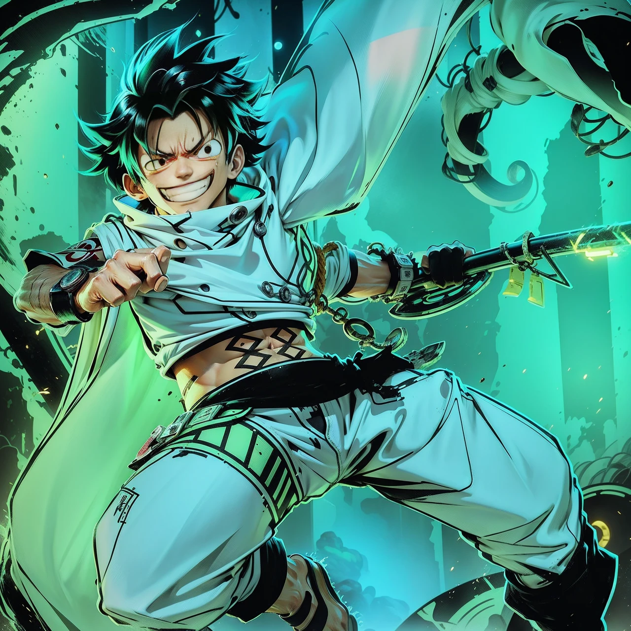 3D illustration(((Detailed))), Japanese anime「one piece」the protagonist of, Monkey D. Luffy, Armed with the latest protective gear, Beach sandals on your feet(((must)))The outline glows like a neon light, Running through a collapsing research facility in the dark, A dynamic appearance